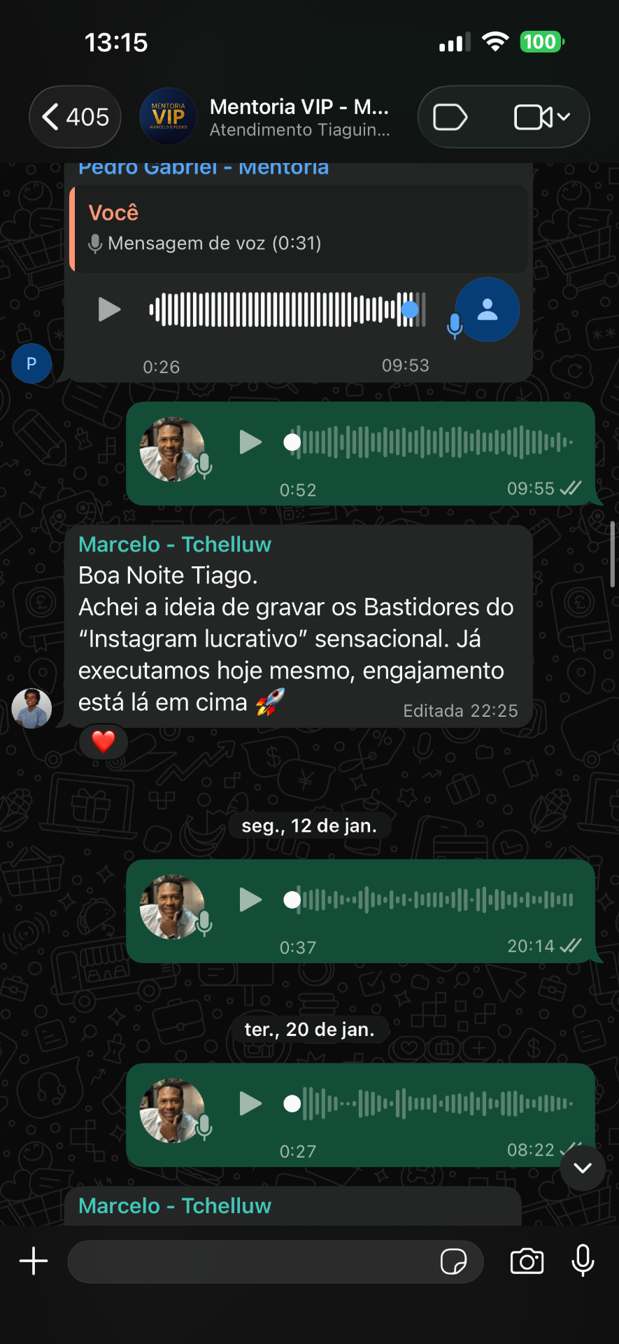Print de WhatsApp com depoimento do mentorado Marcelo